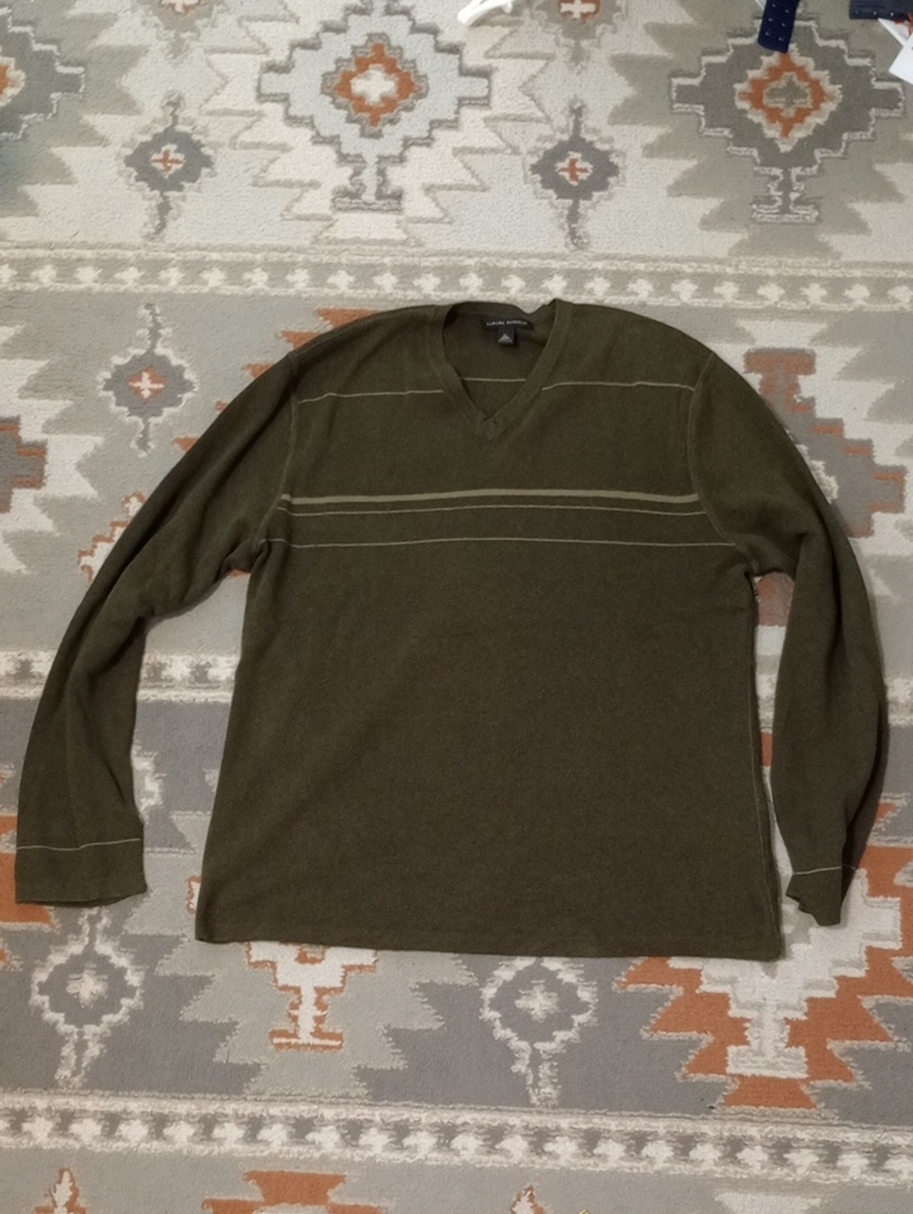 Banana Republic Men's Olive Green V-Neck Sweater with Subtle Stripe